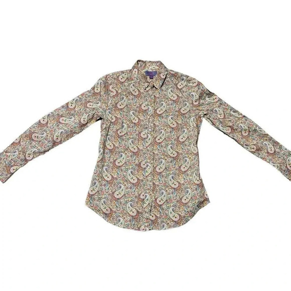 J. Crew Blouse Size 0 Womens Green paisley Slim Perfect Shirt Liberty Button Up - Picture 2 of 9